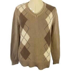 Vintage Y2K Medium Beige Argyle Chunky Knit V-Neck Sweater Preppy Cottagecore